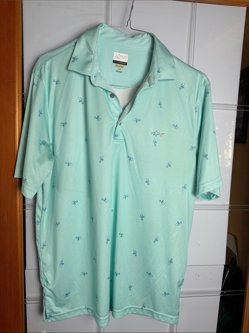 Greg Norman Collection Mint Green Short Sleeve Golf Polo with Flamingo Motif